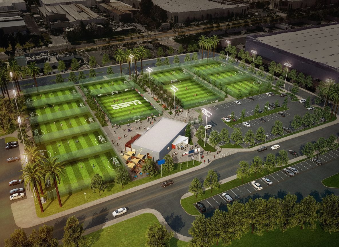 Aerial render of a small-sided soccer center at dusk