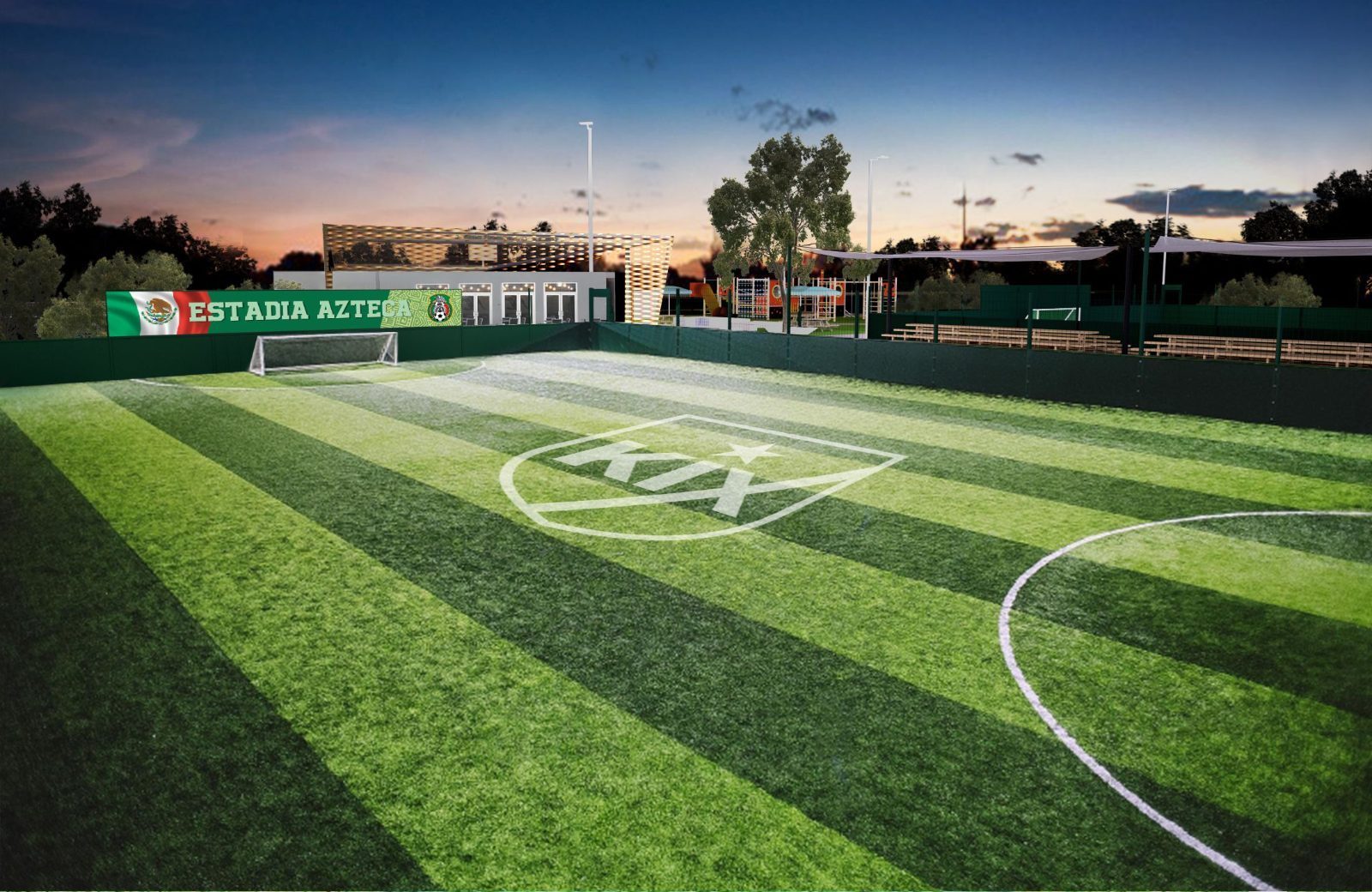 KIX arena render with striped turf, rebound boards and perimeter netting