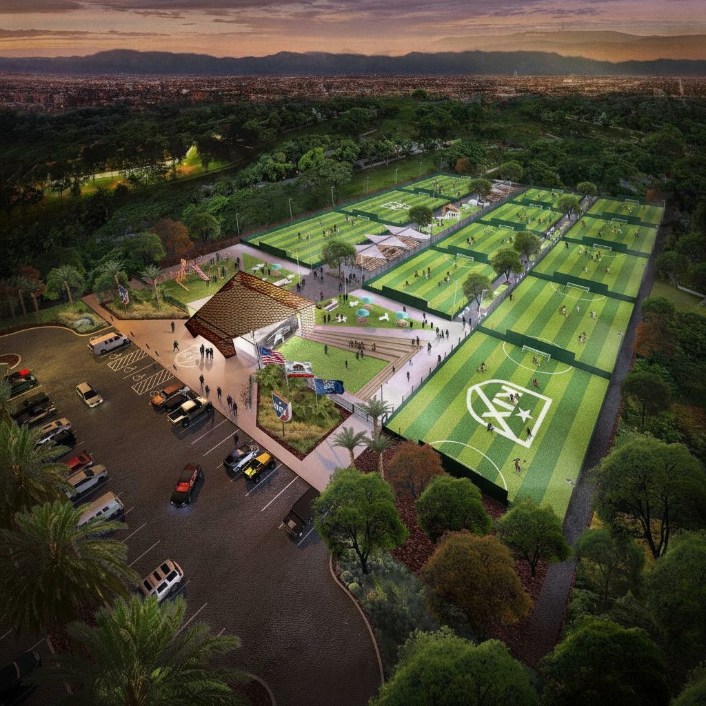 Aerial render of a KIX soccer center at dusk