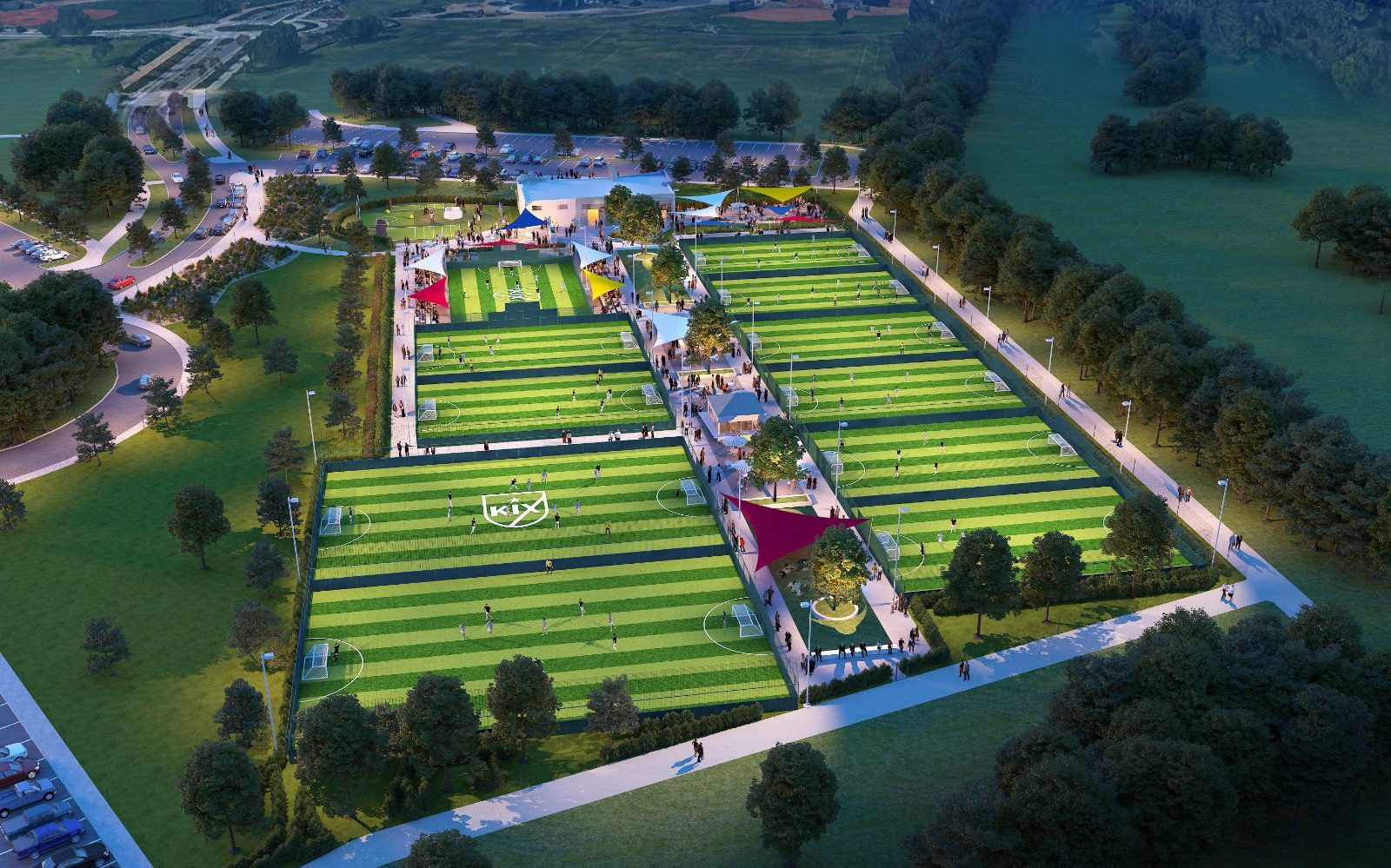 Annotated aerial render of a KIX center