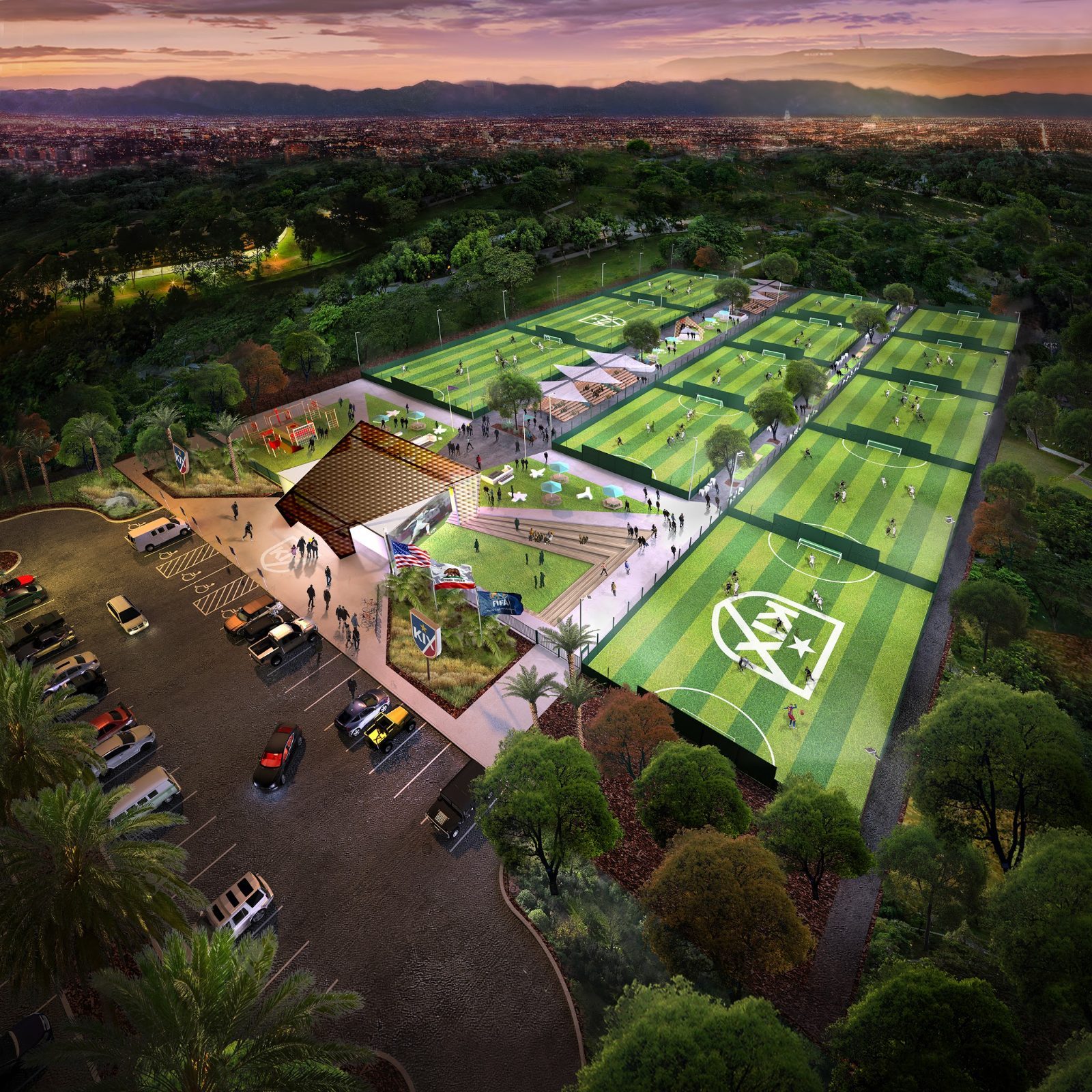 Dusk aerial render of a KIX center