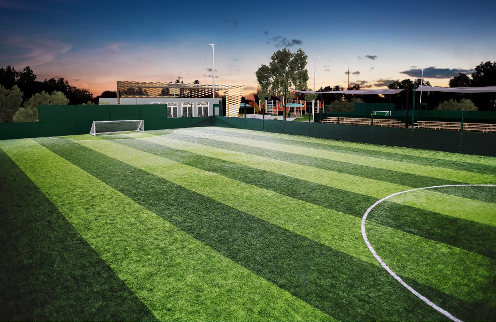 Dusk render of a KIX center with the Pavilion, café terrace and playground beside the arenas