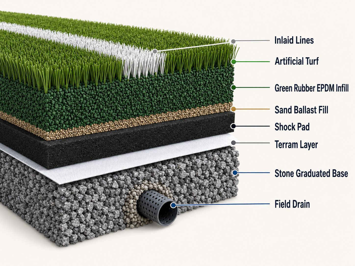 Cross-section diagram of the KIX turf system: inlaid lines, artificial turf, green rubber EPDM infill, sand ballast fill, shock pad, terram layer, stone graduated base and field drain